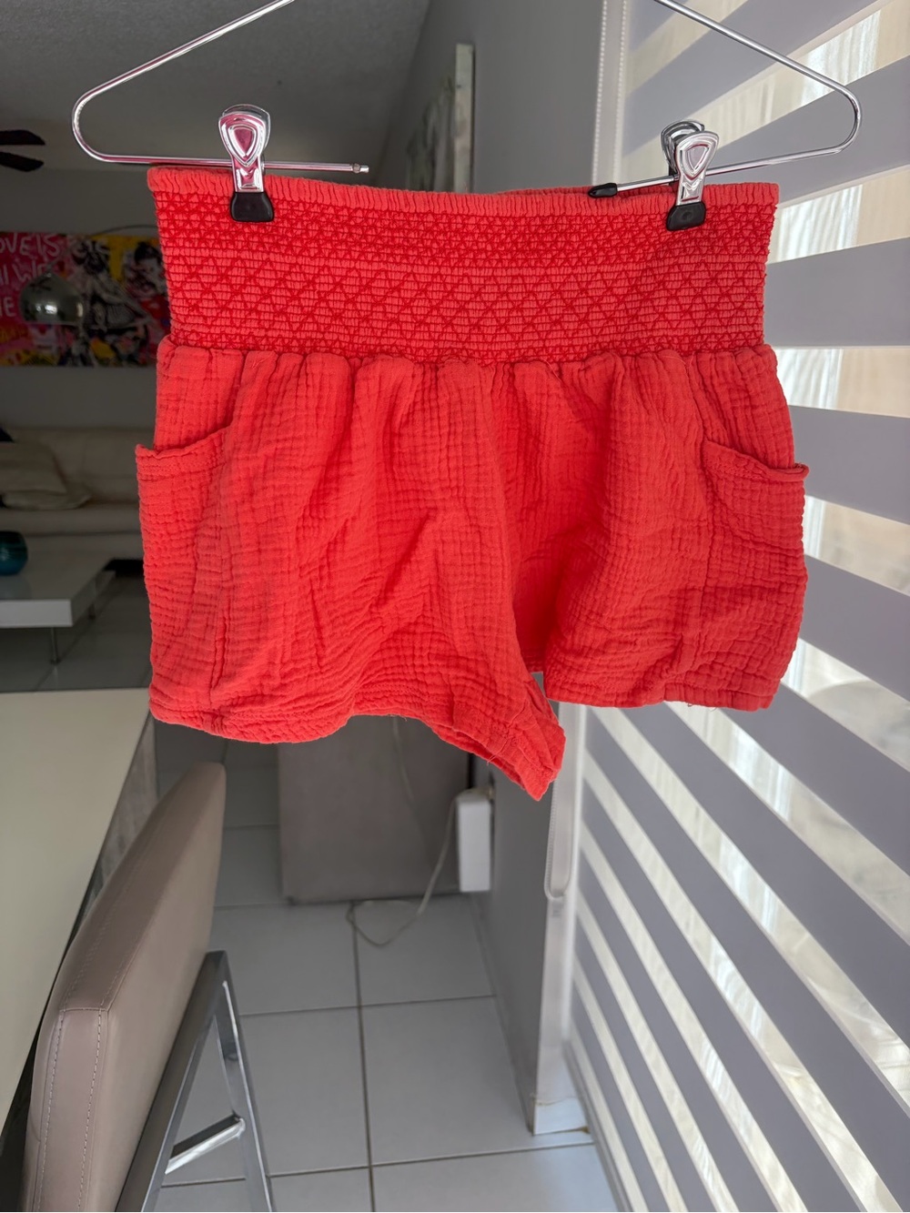 Forever 21 Coral-Red High Waist Smocked Shorts